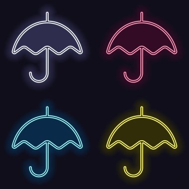 Basit şemsiye simgesi. Doğrusal, ince anahat. Neon işareti kümesi. Koyu arka plan üzerinde casino tarzı. Seamless modeli