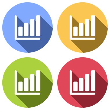 Büyüyen grafik hat simgesi. Mavi, turuncu, yeşil ve kırmızı renkli daireler uzun gölge ile beyaz simgeler kümesi. Etiket tarzı