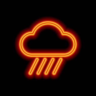 Bulut ve yağmur. Hava basit simgesi. Doğrusal tarzı. Siyah arka plan üzerine portakal neon tarzı. Işık simgesi