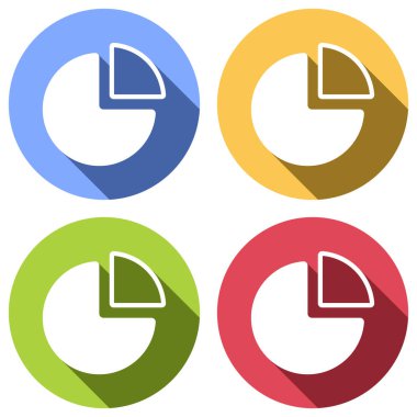 İş pasta grafiği simgesi. Mavi, turuncu, yeşil ve kırmızı renkli daireler uzun gölge ile beyaz simgeler kümesi. Etiket tarzı