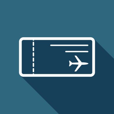 Uçak Bilet simgesi. Uzun Gölge arka plan üzerinde beyaz düz simgesi