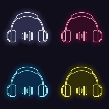 Kulaklık ve müzik dalgası. Orta ses düzeyi. Basit simgesi. Neon işareti kümesi. Koyu arka plan üzerinde casino tarzı. Seamless modeli
