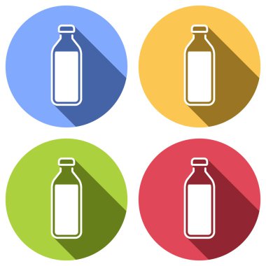 şişe su, basit simgesi. Mavi, turuncu, yeşil ve kırmızı renkli daireler uzun gölge ile beyaz simgeler kümesi. Etiket tarzı