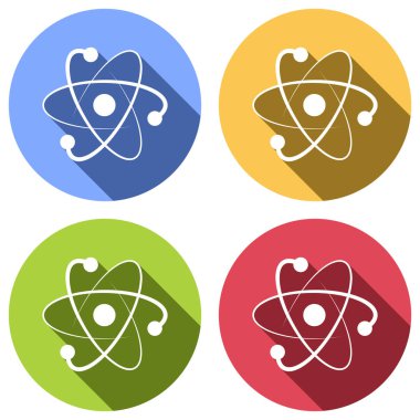 bilimsel atom sembolü, logo, basit simgesi. Mavi, turuncu, yeşil ve kırmızı renkli daireler uzun gölge ile beyaz simgeler kümesi. Etiket tarzı