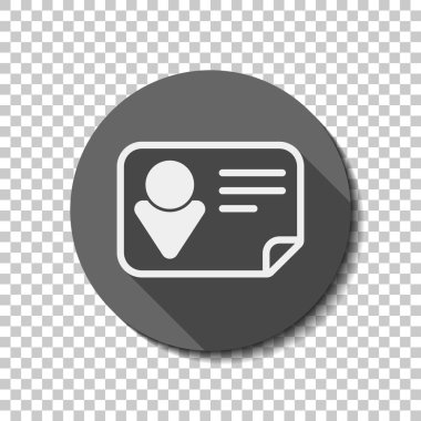 Kimlik kartı simgesi. Doğrusal tarzı. Saydam arka plan üzerinde bir dairede uzun gölge beyaz düz simgesi. Rozet veya etiket stili