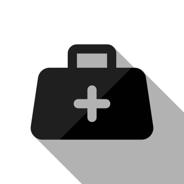 ilk yardım çantası, basit simgesi. Uzun gölge beyaz arka planda siyah nesnesiyle