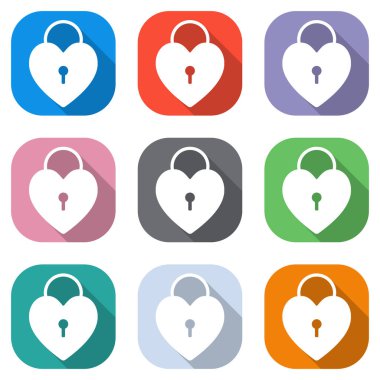 kalp kilidi, asma kilit. basit siluet. Beyaz simgeleri uygulamalar için renkli kareler olarak ayarlayın. Sorunsuz imkanı ve desen poster için