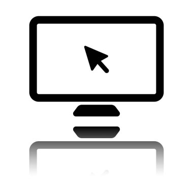 Masaüstü bilgisayar ve fare ok. Basit dijital simgesi. Siyah beyaz arka plan ayna yansıması simgesiyle