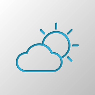 Güneş ve bulut. Hava sembolü. İnce anahat ile doğrusal simgesi. Kağıt tasarımı. Gölge ile düzenlenen sembolü