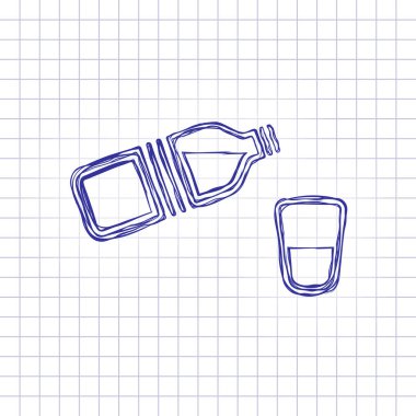 bir şişe su ve cam. basit tek simge. Elle çizilmiş resim kağıt sayfası. Mavi mürekkep, anahat kroki tarzı. Damalı zemin üzerine doodle