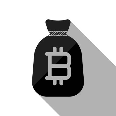 Para çantası ile bitcoin. Tam paran simgesi. Uzun gölge beyaz arka planda siyah nesnesiyle
