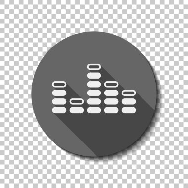 Dijital ekolayzer. Basit simgesi. Saydam arka plan üzerinde bir dairede uzun gölge beyaz düz simgesi. Rozet veya etiket stili
