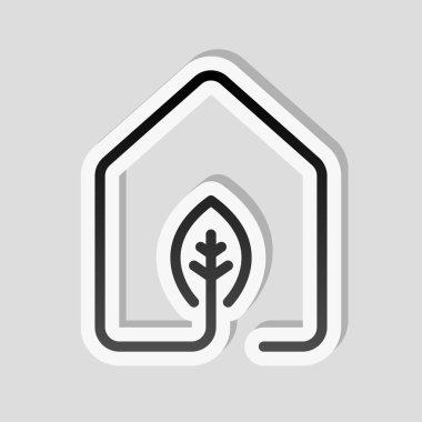 Eko yaprak simgesi olan ev. çizgi stili. Etiket tarzı ile beyaz ve gri arka plan üzerinde basit gölge