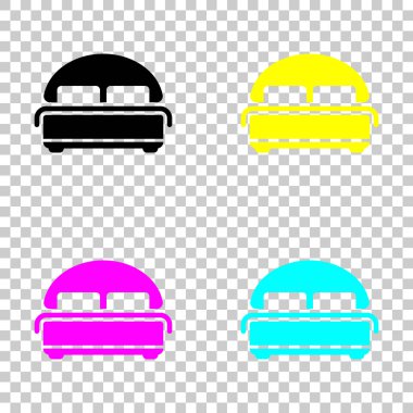 Çift Kişilik Yatak silüeti. Çift otel odasında. Cmyk simgeleri şeffaf arka plan üzerinde renkli dizi