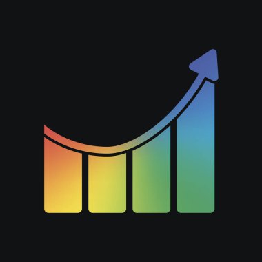 Çubuk grafiği yükselen ok simgesi ile büyüyor. Gökkuşağı rengi ve koyu arka plan