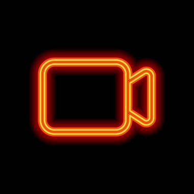 Video kamera simgesi. Doğrusal, ince anahat. Siyah arka plan üzerine portakal neon tarzı. Işık simgesi
