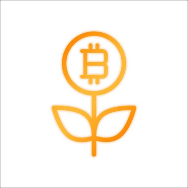 Para çiçek ile bitcoin. Para ağacını. İnce anahat ile doğrusal simgesi. Portakal işareti beyaz arka plan üzerinde düşük ışık ile