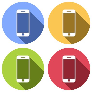 hareket eden telefon simgesi. Mavi, turuncu, yeşil ve kırmızı renkli daireler uzun gölge ile beyaz simgeler kümesi. Etiket tarzı