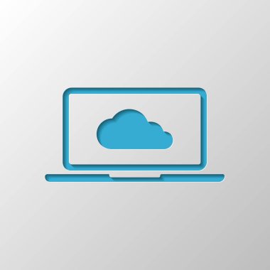 Bulut teknolojisi, bilgisayar yazılımı. Laptop ve bulut. Kağıt tasarımı. Gölge ile düzenlenen sembolü