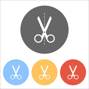 makas simgesi. Renkli daireler üzerinde beyaz simgeler kümesi