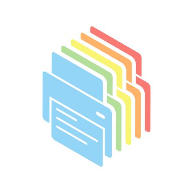 Yazıcı ve kağıt. Beyaz arka plan üzerinde renkli izometrik simgeler yığını