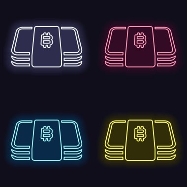 Bitcoin para veya fişlerin sürüsü. İş simgesi. Neon işareti kümesi. Koyu arka plan üzerinde casino tarzı. Seamless modeli