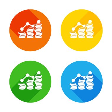 Sikke yığını, ekonomi büyür. Renkli daireler arka plan düz beyaz simgesi. Dört farklı uzun gölgeler her köşe