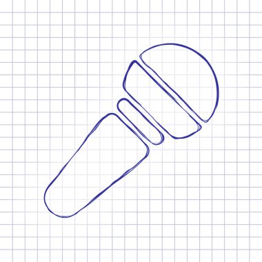El mikrofon simgesi. Elle çizilmiş resim kağıt sayfası. Mavi mürekkep, anahat kroki tarzı. Damalı zemin üzerine doodle