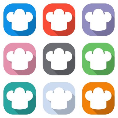 Basit chef şapka simgesi. Mutfak logosunu görmeniz gerekir. Beyaz simgeleri uygulamalar için renkli kareler olarak ayarlayın. Sorunsuz imkanı ve desen poster için