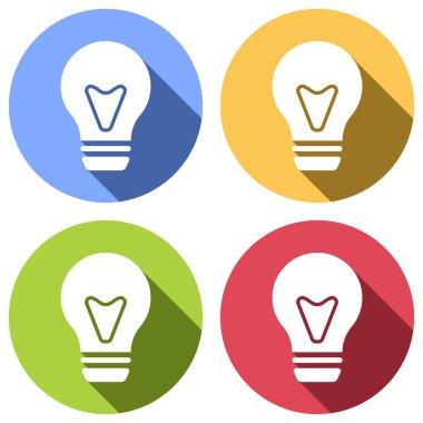 ampul, basit simgesi. Mavi, turuncu, yeşil ve kırmızı renkli daireler uzun gölge ile beyaz simgeler kümesi. Etiket tarzı