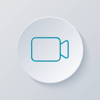 Video kamera simgesi. Doğrusal, ince anahat. Gri ve mavi katmanları ile daire kes. Kağıt tarzı