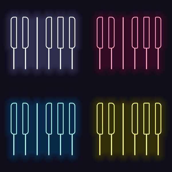 Piano keyboard icon. Horizontal view. Set of fashion neon sign. Casino style on dark background. Seamless pattern