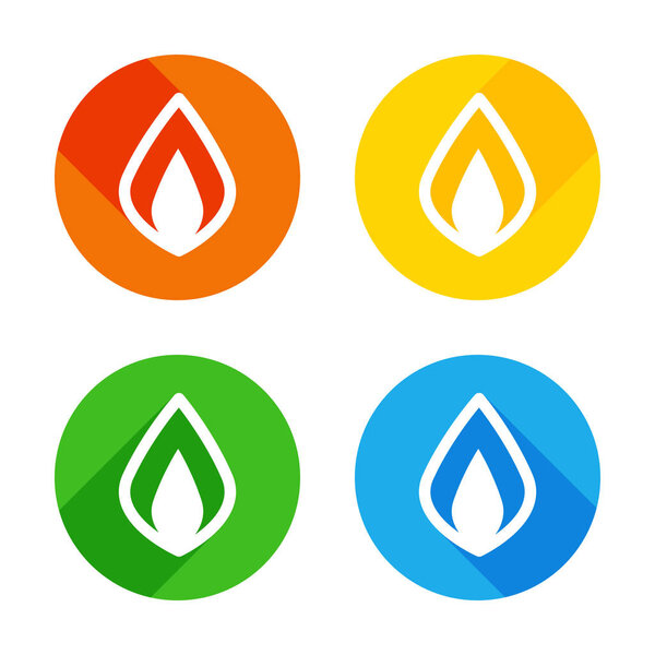 Simple fire flame icon. Flat white icon on colored circles background. Four different long shadows in each corners