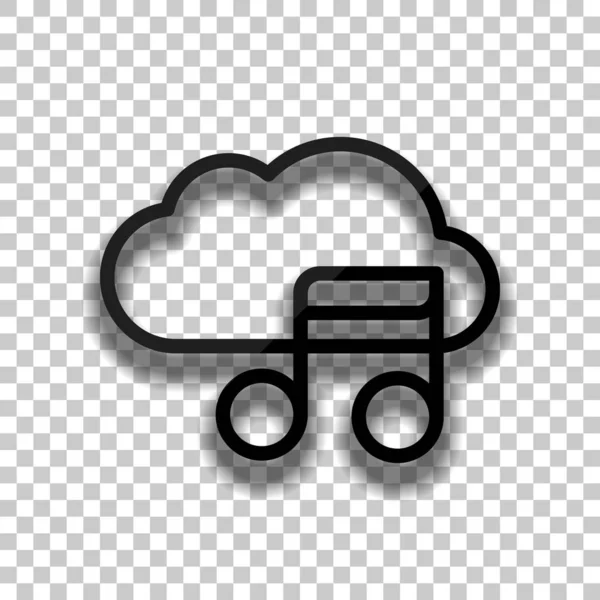 Simple icon with cloud and musical note. Linear symbol, thin outline. Black glass icon with soft shadow on transparent background