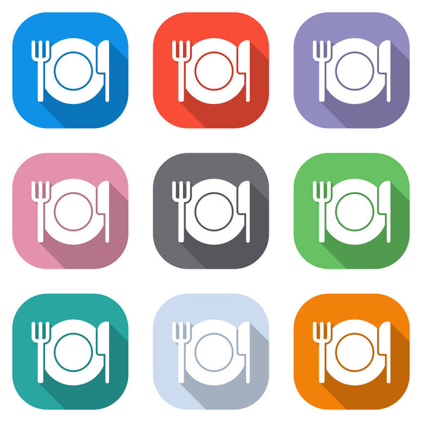 cutlery. plate fork and knife. simple silhouette. Set of white icons on colored squares for applications. Seamless and pattern for poster