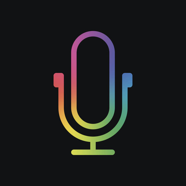 Simple microphone icon. Linear, thin outline. Rainbow color and dark background