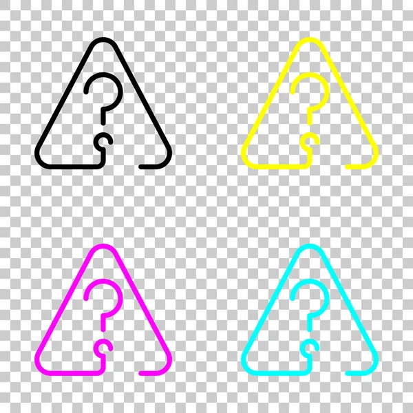 Uyarı üçgeni içinde soru işareti. İnce anahat ile doğrusal simgesi. Bir çizgi stili. Cmyk simgeleri şeffaf arka plan üzerinde renkli dizi
