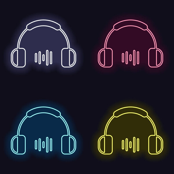 Headphones and music wave. Medium volume level. Simple icon. Set of neon sign. Casino style on dark background. Seamless pattern