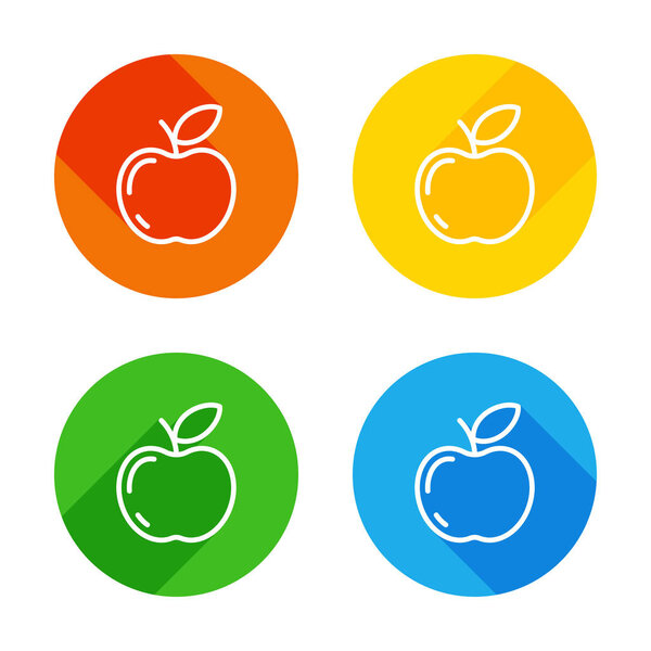 Simple apple icon. Outline silhouette. Flat white icon on colored circles background. Four different long shadows in each corners