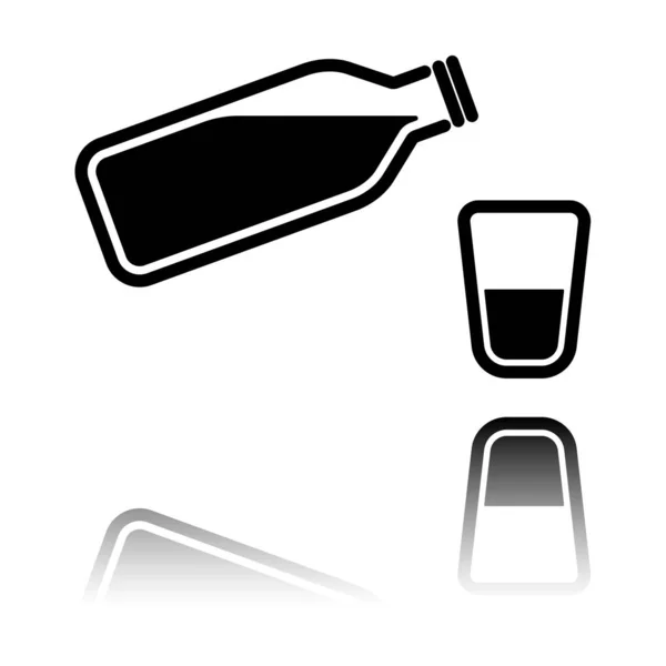 一瓶有泡泡和杯子的水 简单的图标 黑色图标 白色背景上有镜面反射 — 图库矢量图片