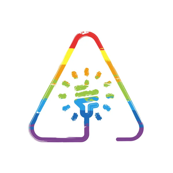 警告三角形中的灯 带有薄轮廓的线性图标 一行样式 Lgbt 风格的绘图符号 七种颜色的彩虹 — 图库矢量图片