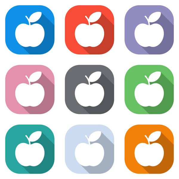 Simple apple icon. Set of white icons on colored squares for applications. Seamless and pattern for poster
