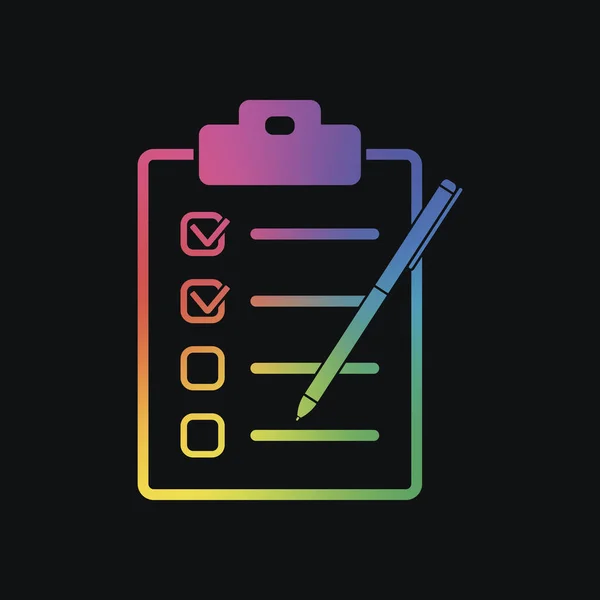 Lista Comprobación Con Icono Pluma Color Arco Iris Fondo Oscuro — Vector de stock