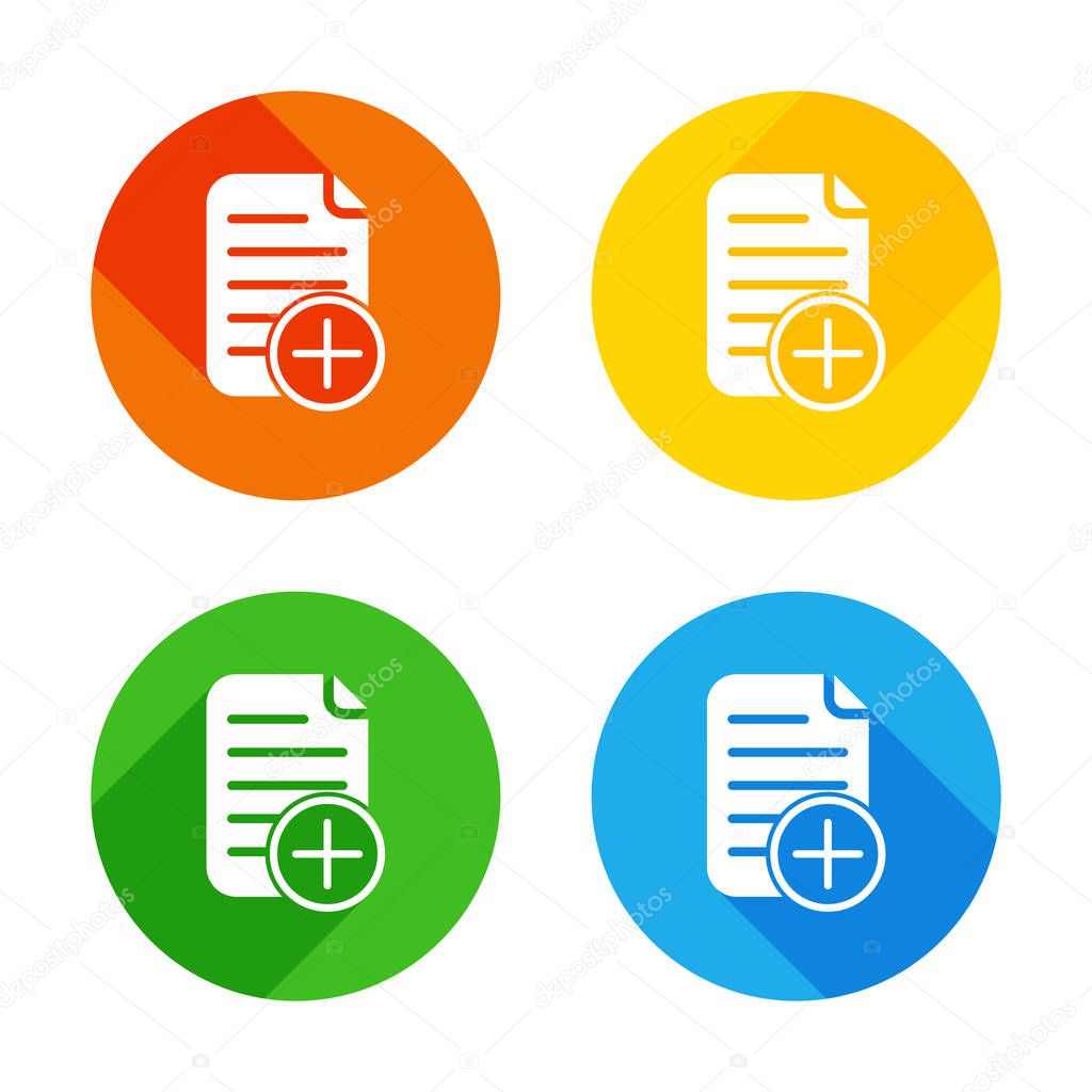 add document icon, paper and plus in circle. Flat white icon on colored circles background. Four different long shadows in each corners