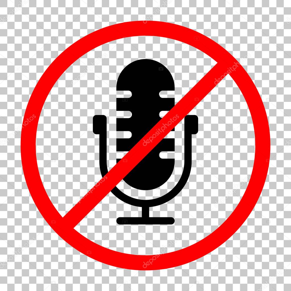 Simple microphone icon. Not allowed, black object in red warning sign with transparent background