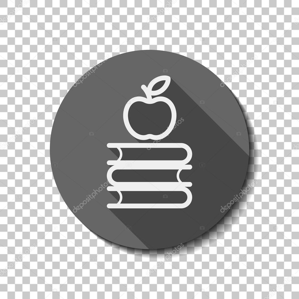 Apple on books icon. Knowledge logo. flat icon, long shadow, circle, transparent grid. Badge or sticker style