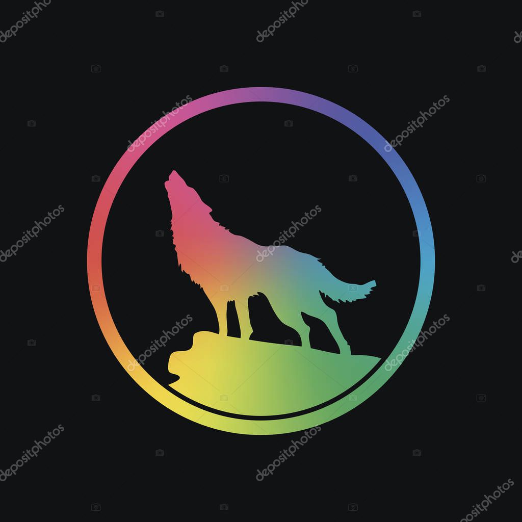 Wolf. simple icon. Rainbow color and dark background