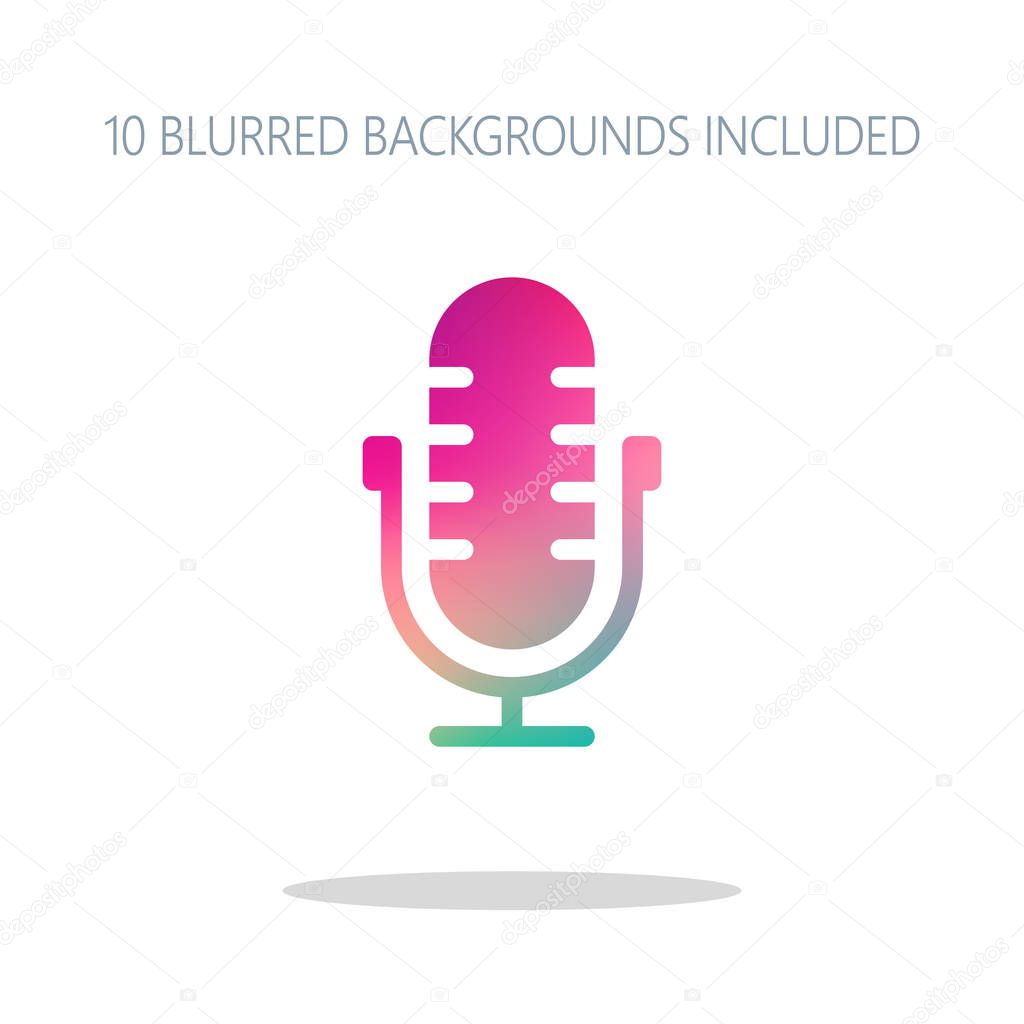 Simple microphone icon. Colorful logo concept with simple shadow on white. 10 different blurred backgrounds included