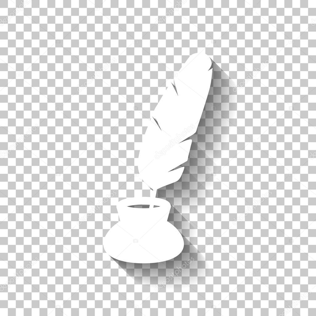 Ink and feather, sign of author. Simple icon. White icon with shadow on transparent background