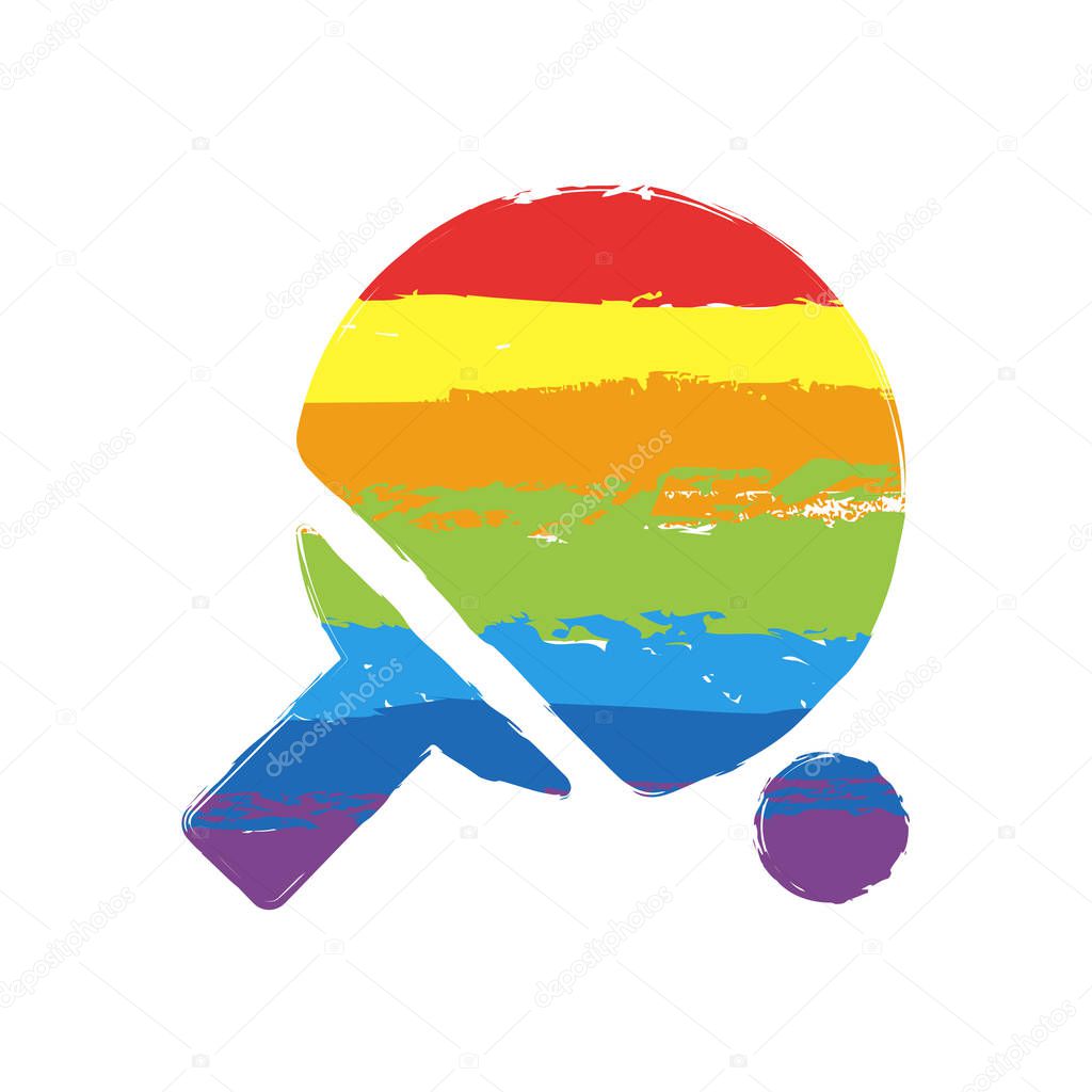 Ping pong icon. Drawing sign with LGBT style, seven colors of rainbow red, orange, yellow, green, blue, indigo, violet